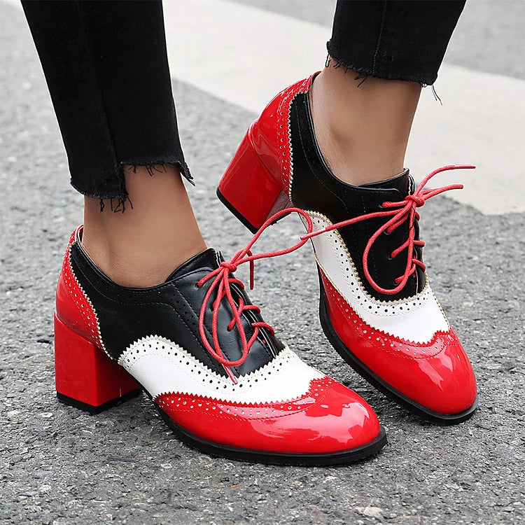 Scarpe Oxford Brogue con Tacco Grosso e Lacci, Punta Rotonda e Patchwork Color Block 