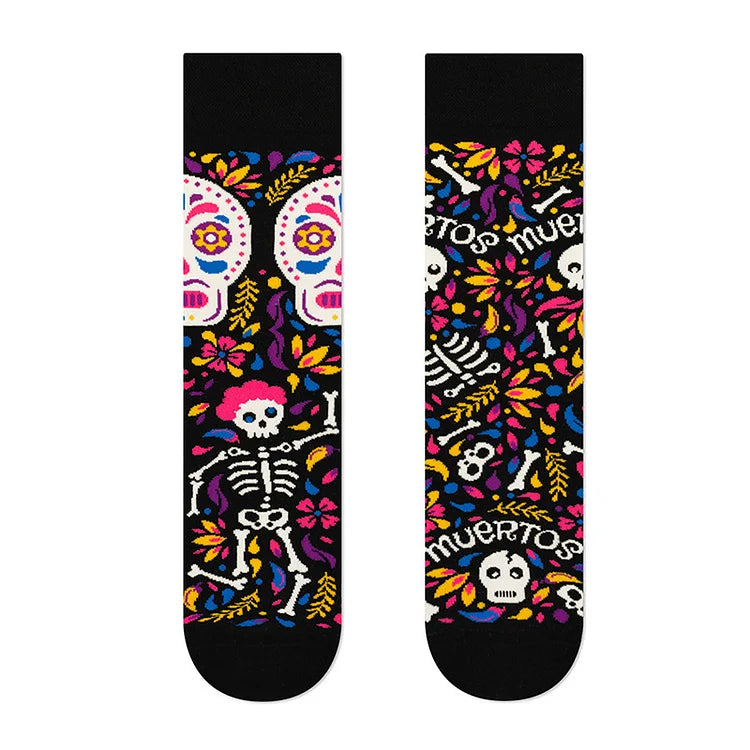 Calcetines de media pantorrilla con estampado de esqueleto de guitarra y muñeco de Muppet de Halloween 