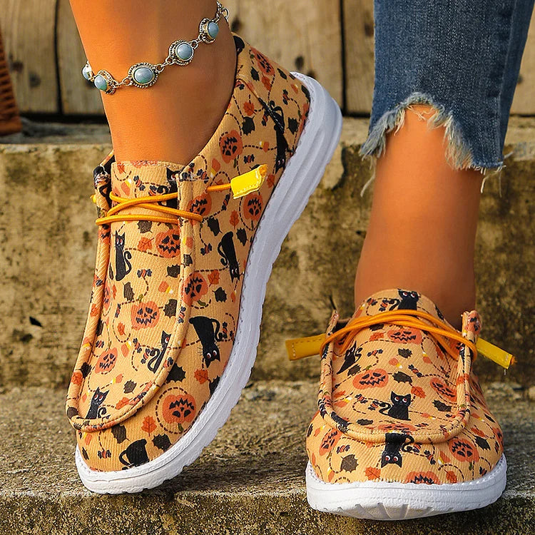 Scarpe casual in tela con lacci e stampa di gatto con zucca di Halloween 