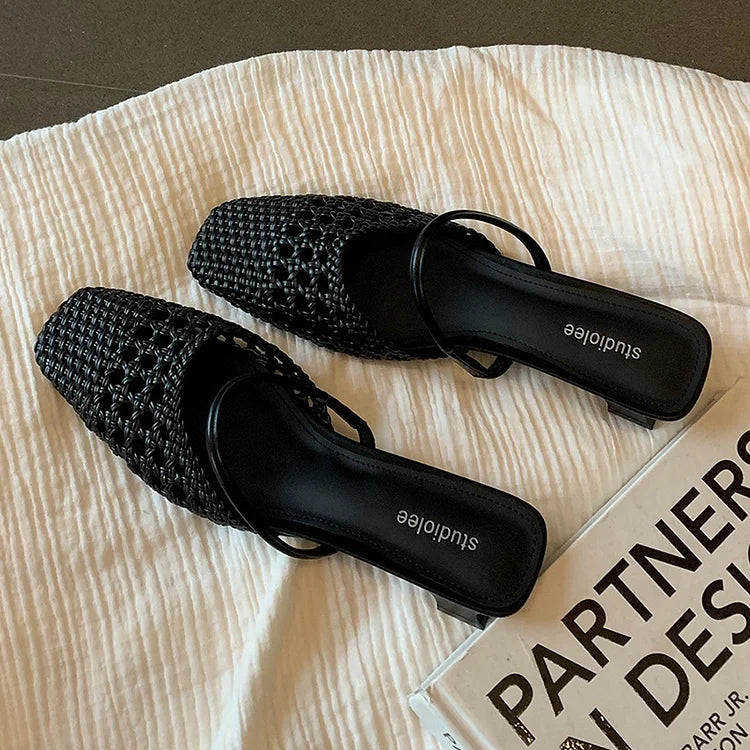 Häkeln Gewebt Hohl Niedriger Spann Riemen Quadratische Zehe Absatz Aus Mules