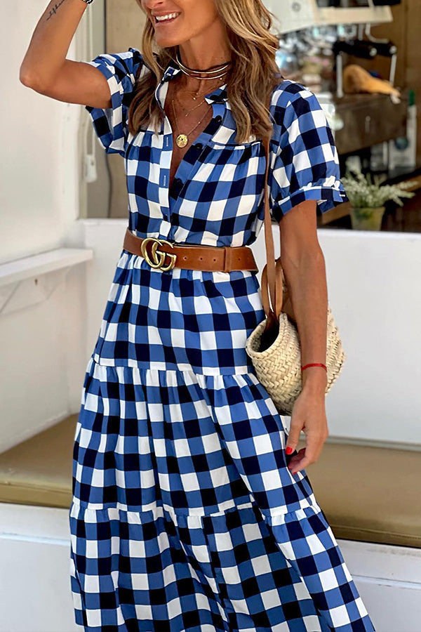 Blue Plaid V-Neck All-Match Slim Dress