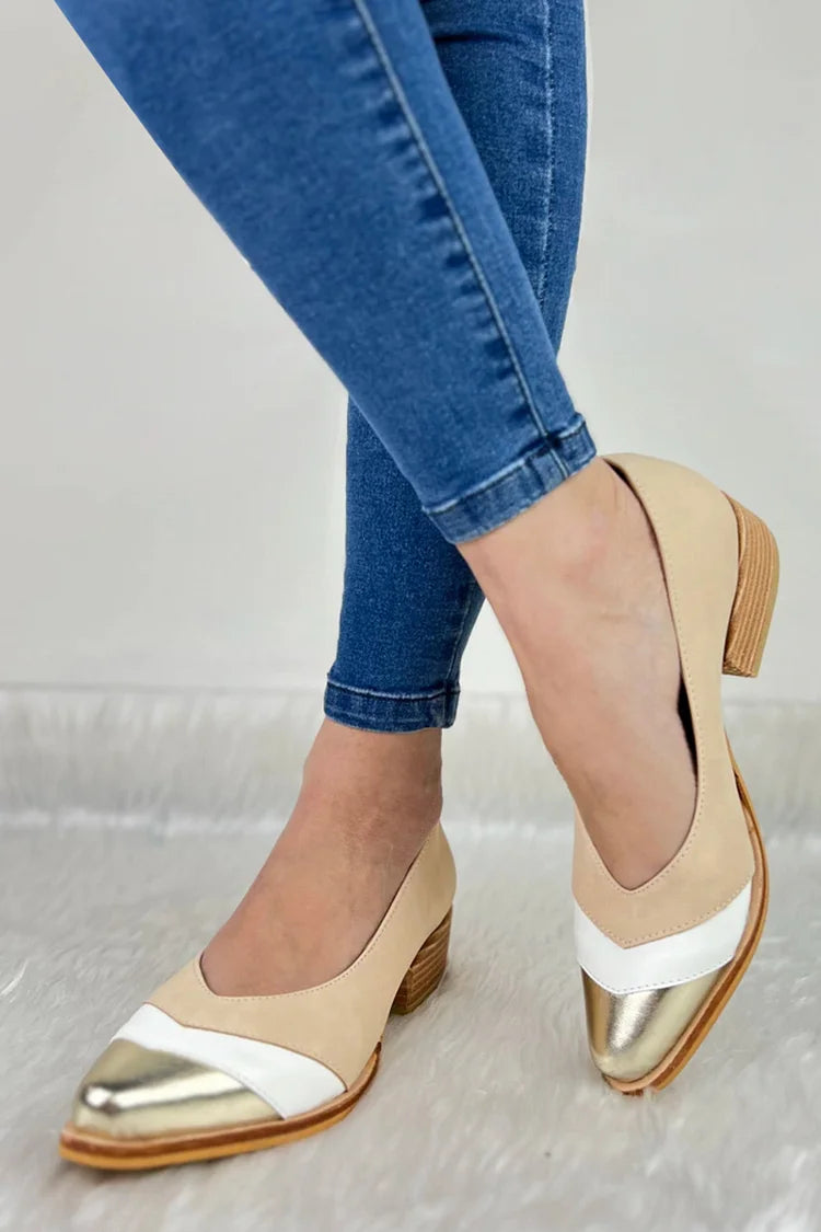 Colorblock Pointy Toe Patchwork Beige Low Heels [Pre Order]