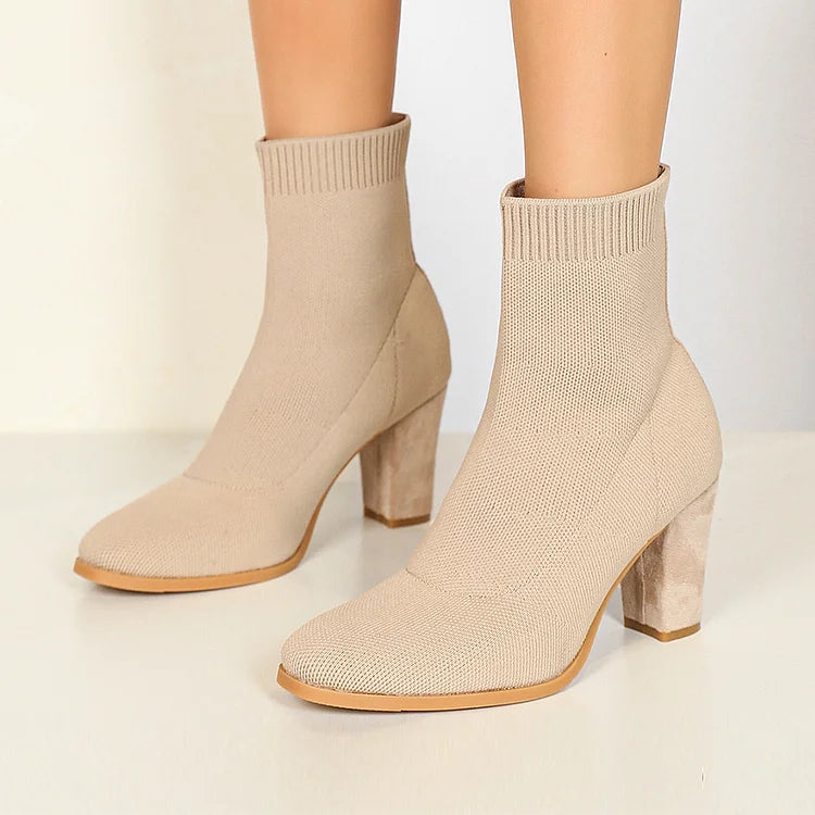 Knitted Solid Color Pointed Toe Chunky Heel Pull On Sock Ankle Boots