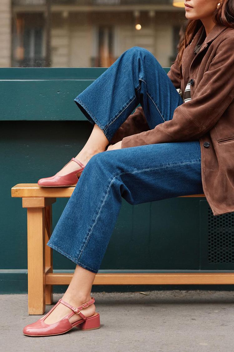 Scarpe con tacco basso e blocco rosso con punta tonda e cinturino a T [Pre-ordine] 