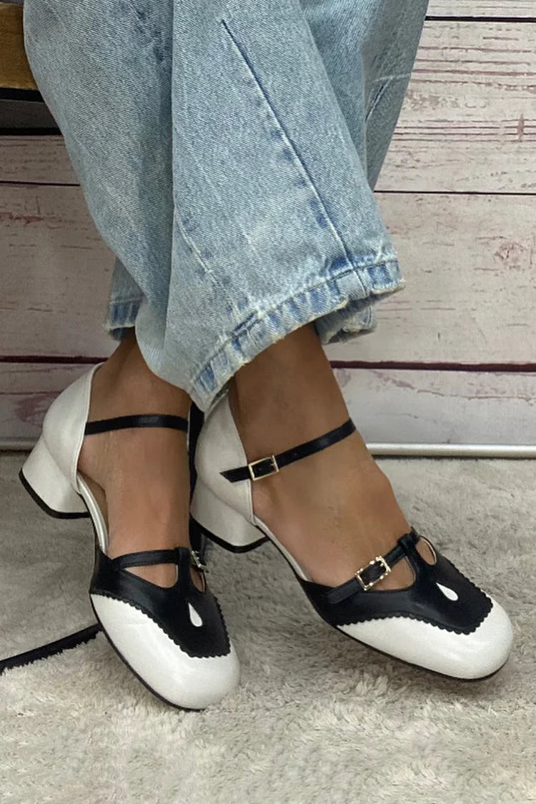 Colorblock-Riemenschnalle Rundspitze Weiße Niedrige Absätze [Vorbestellung]