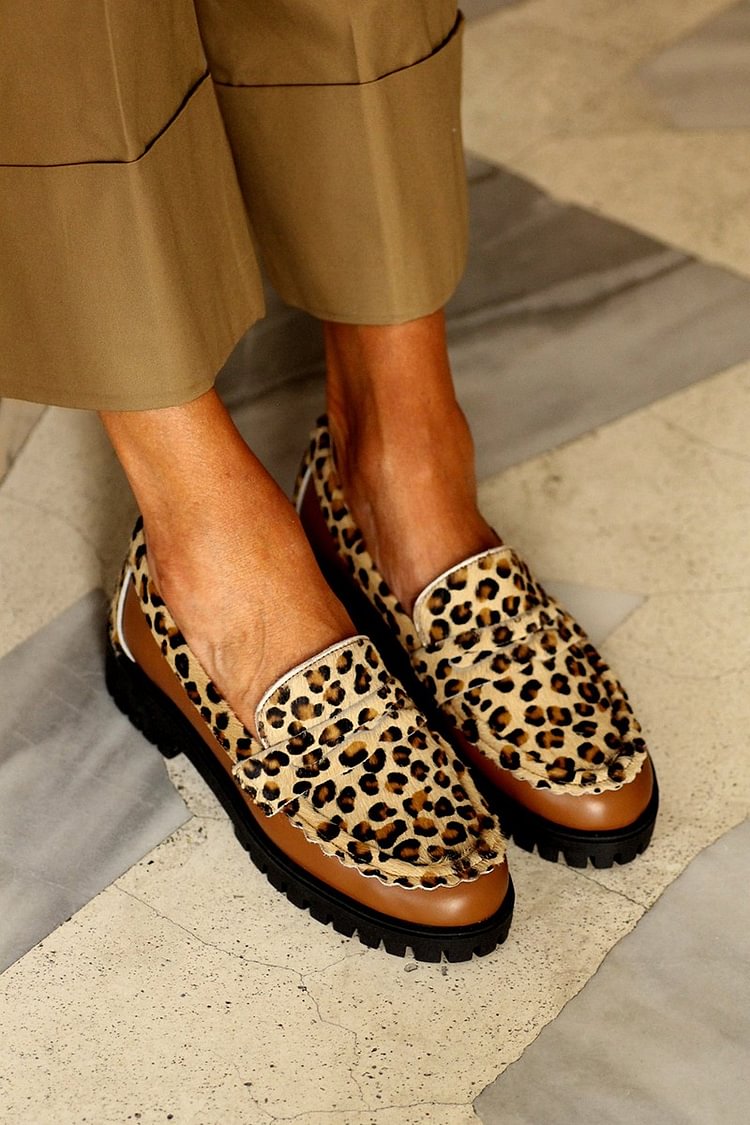 Patchwork Round Toe Leopard Print Brown Loafers [Pre Order]