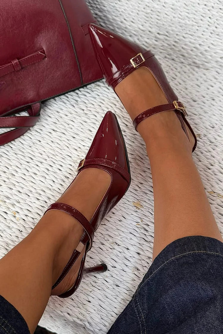 Scarpe con tacco a spillo bordeaux, cinturino sul collo del piede, fibbia e punta affilata [Pre-ordine]
