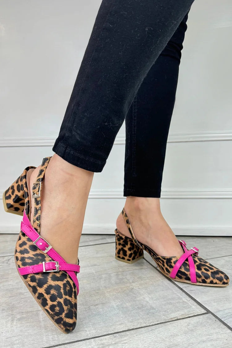 Colorblock Slingback Strap Pointy Toe Leopard Patchwork Low Heels [Pre Order]