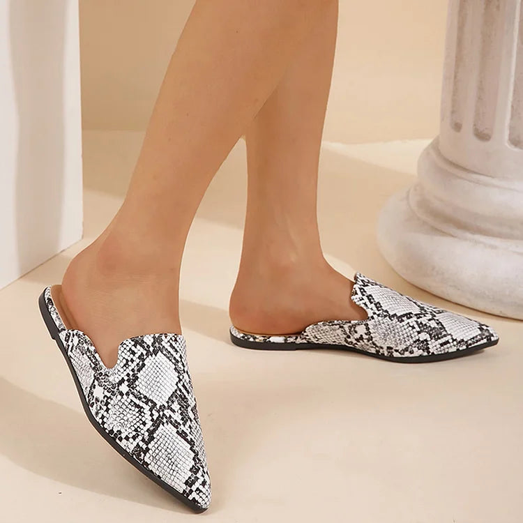 Casual Snakeskin Print Pointy Toe Slides Mules