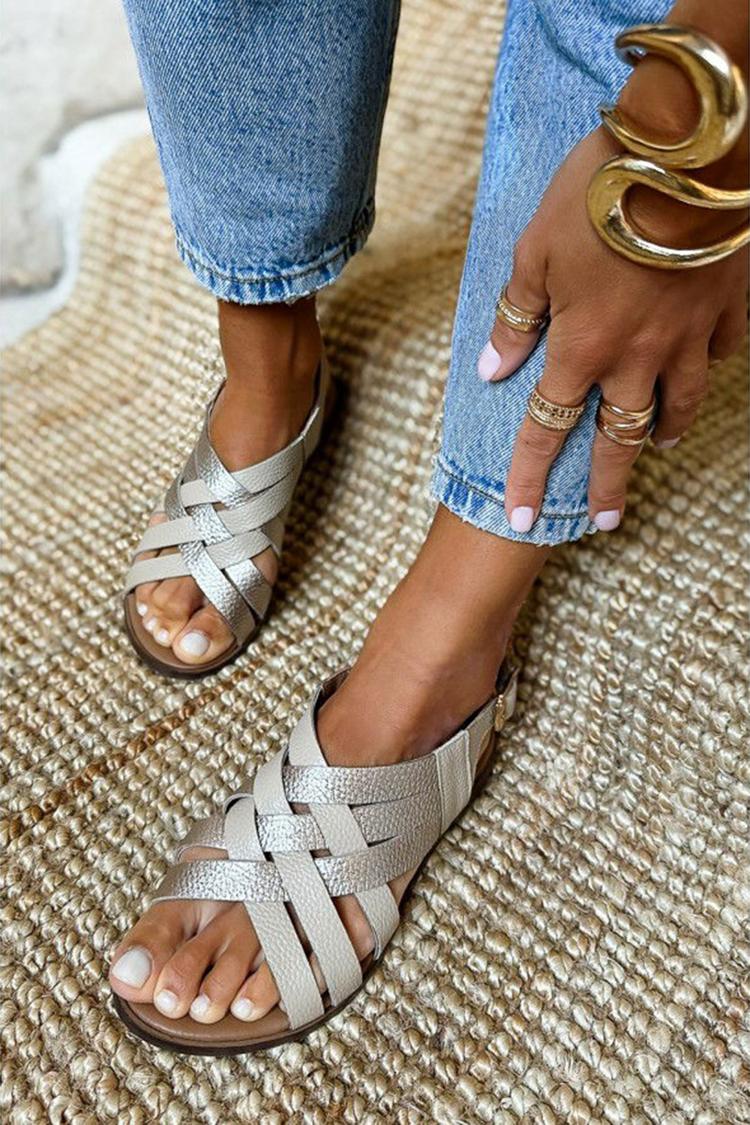 Colorblock Woven Hollow Out Round Toe Beige Sandals [Pre Order]