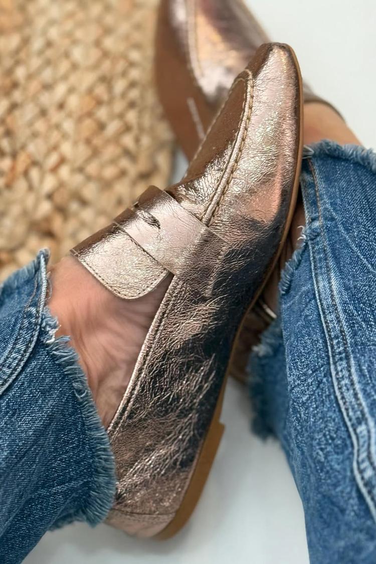 Metallic schimmernde Patchwork-Loafer mit quadratischer Spitze in Champagner [Vorbestellung]