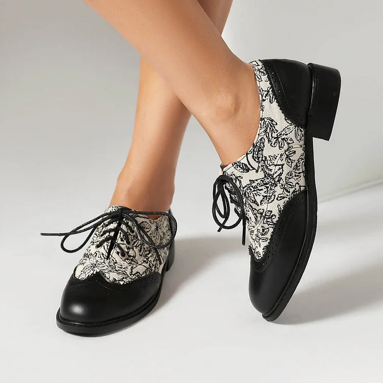 Floral Pattern Canvas Patchwork Lace Up Round Toe Casual Oxfords