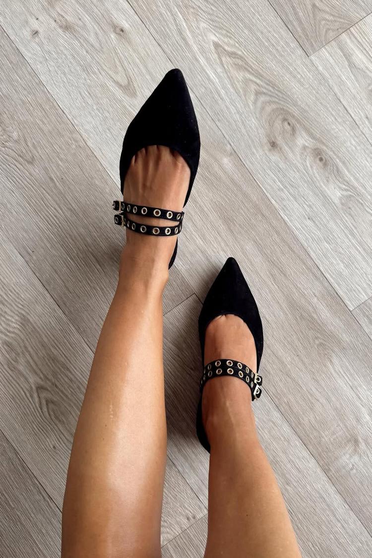 Metal Eyelets Two Strap Buckle Pointed Toe Black Flats [Pre Order]