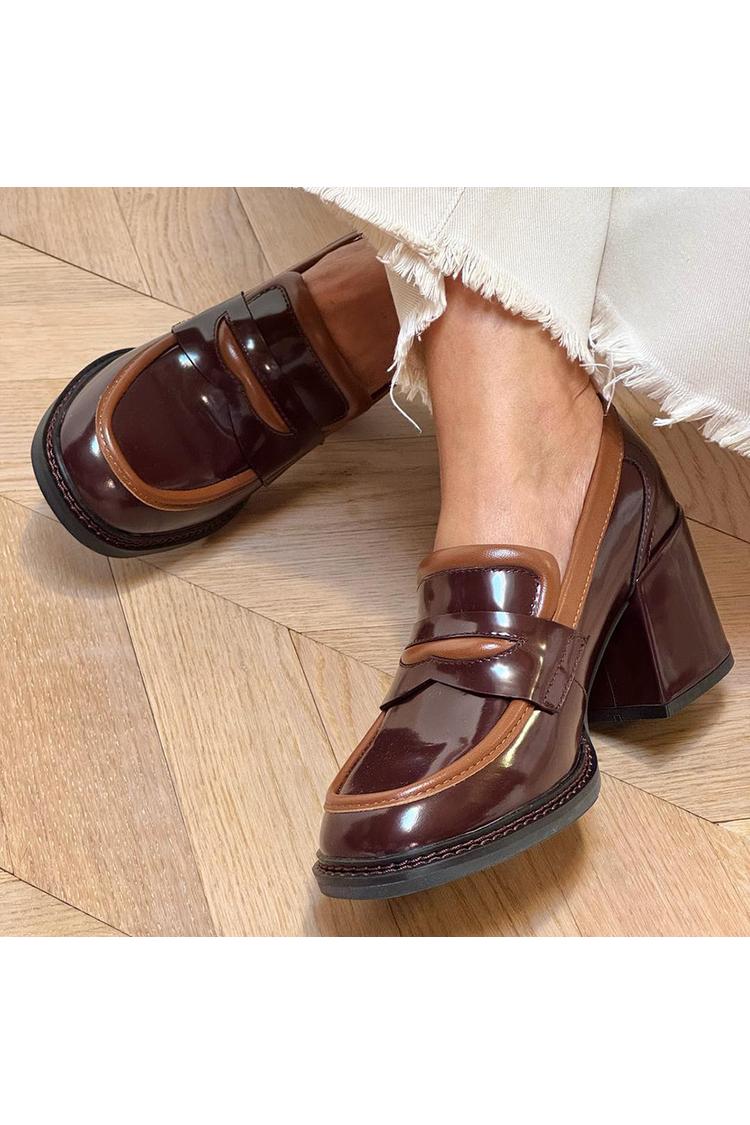 Scarpe con tacco grosso marrone scuro, punta tonda e patchwork con finiture a contrasto [Pre-ordine]