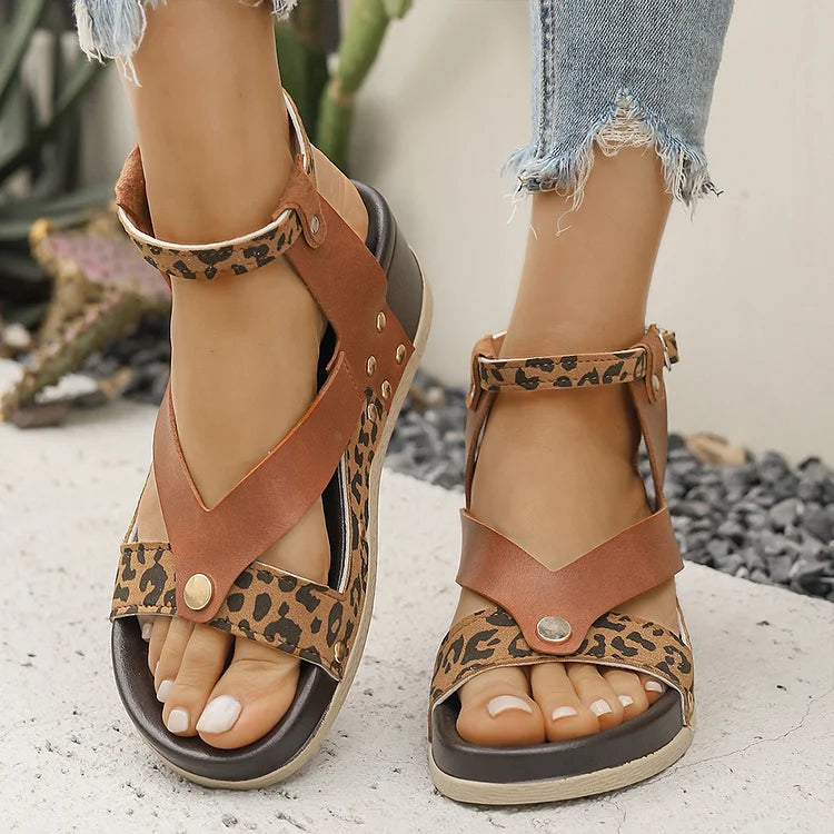 Patchwork Leopard Print Metal Rivets Round Toe Wedge Sandals
