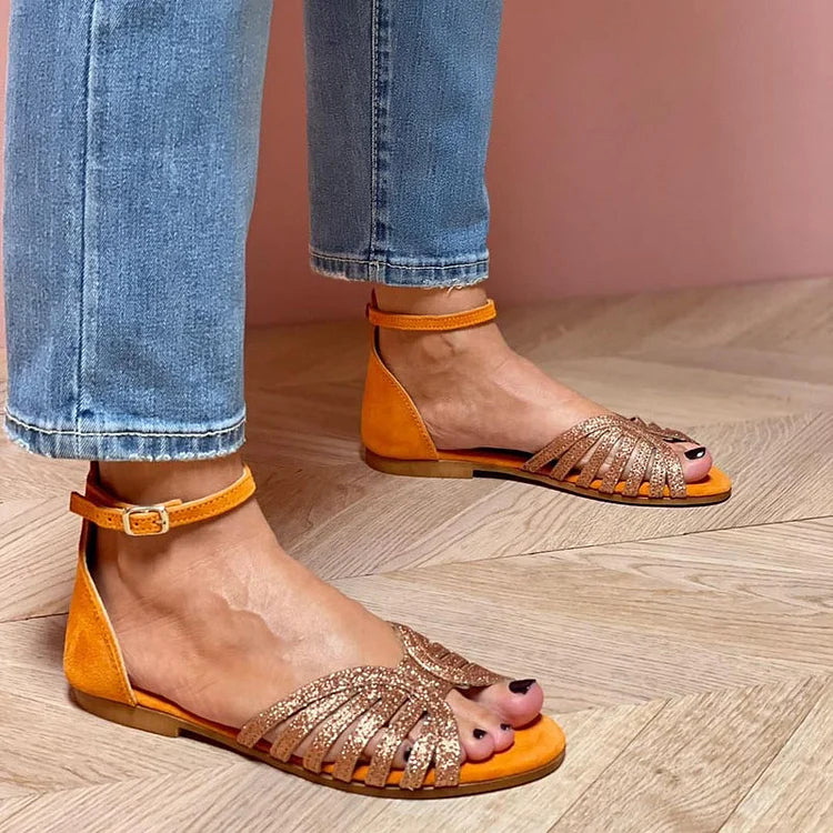 Ankle Strap Buckle Glitter Hollow Out Orange Sandals