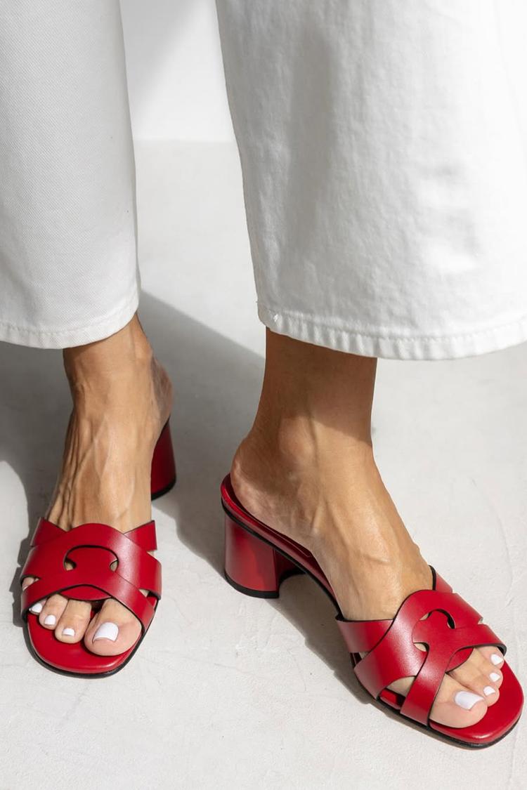 Scarpe con tacco grosso rosse casual aperte con cinturino incrociato e ritagli [Pre-ordine]