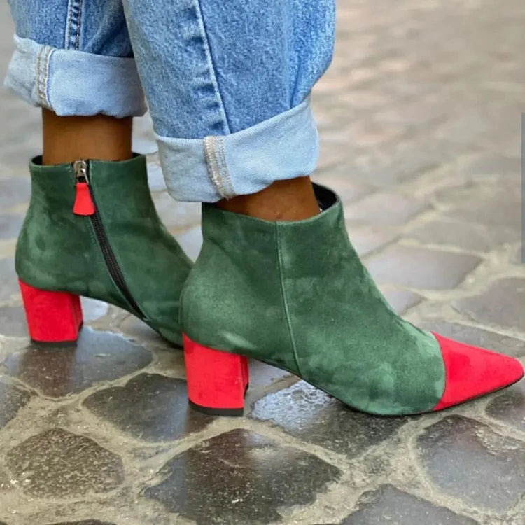 Pointed Toe Colorblock Zipper Green Chunky Heels Boots