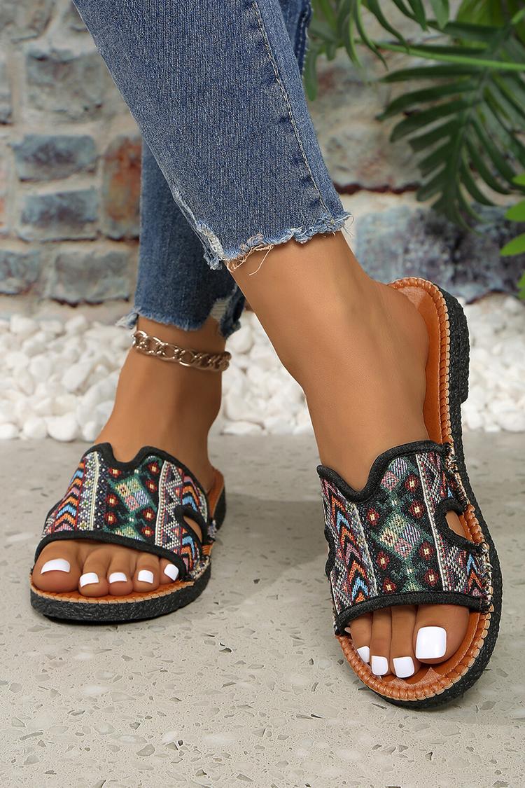 Pantofole casual con punta rotonda e motivo etnico multicolore