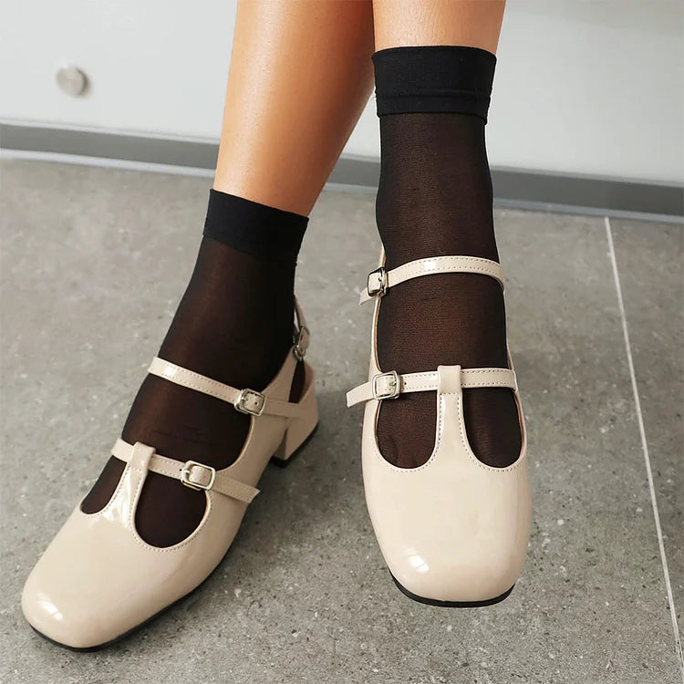 Cinghie sul collo del piede, fibbie, tinta unita, punta quadrata, cinturino posteriore, tacco grosso