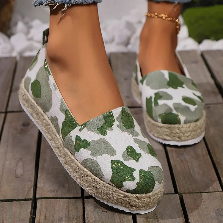 Leopard Pattern Print Low-Top Round Toe Platform Espadrille Loafers