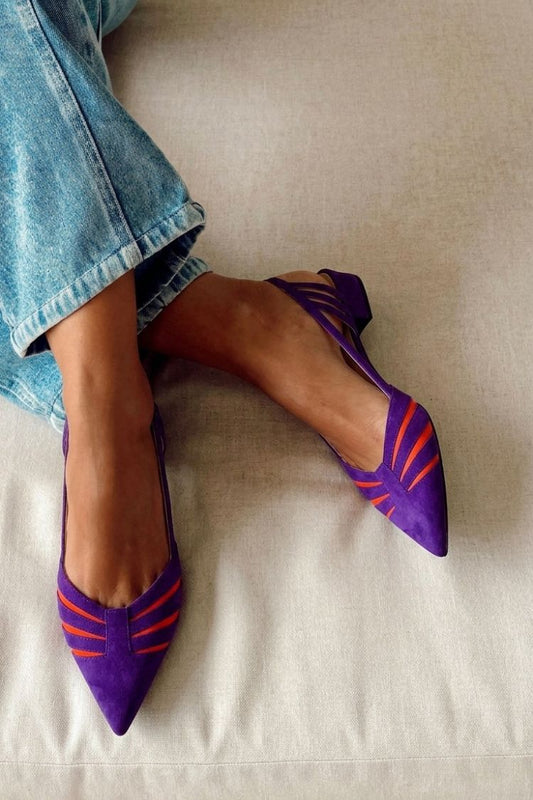 Purple Orange Contrast Suede Radial Pointed Slingback Flats [Pre Order]