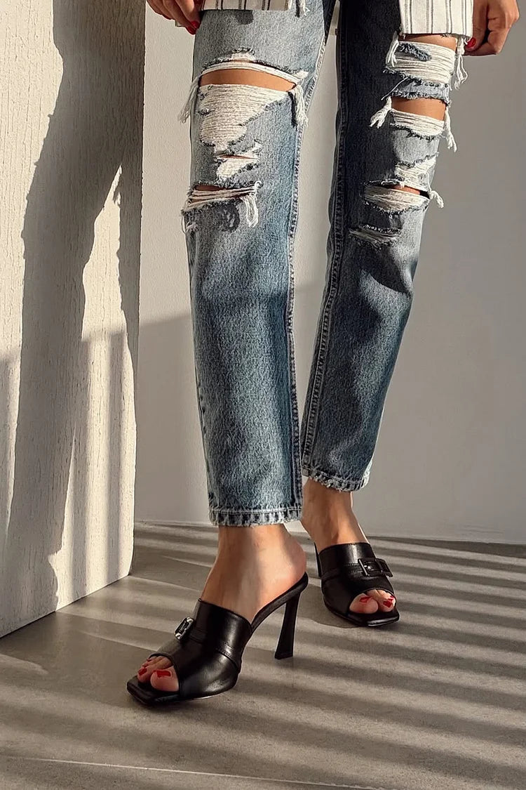 Scarpe con tacco a spillo nere con punta quadrata e fibbia decorativa [Pre-ordine]