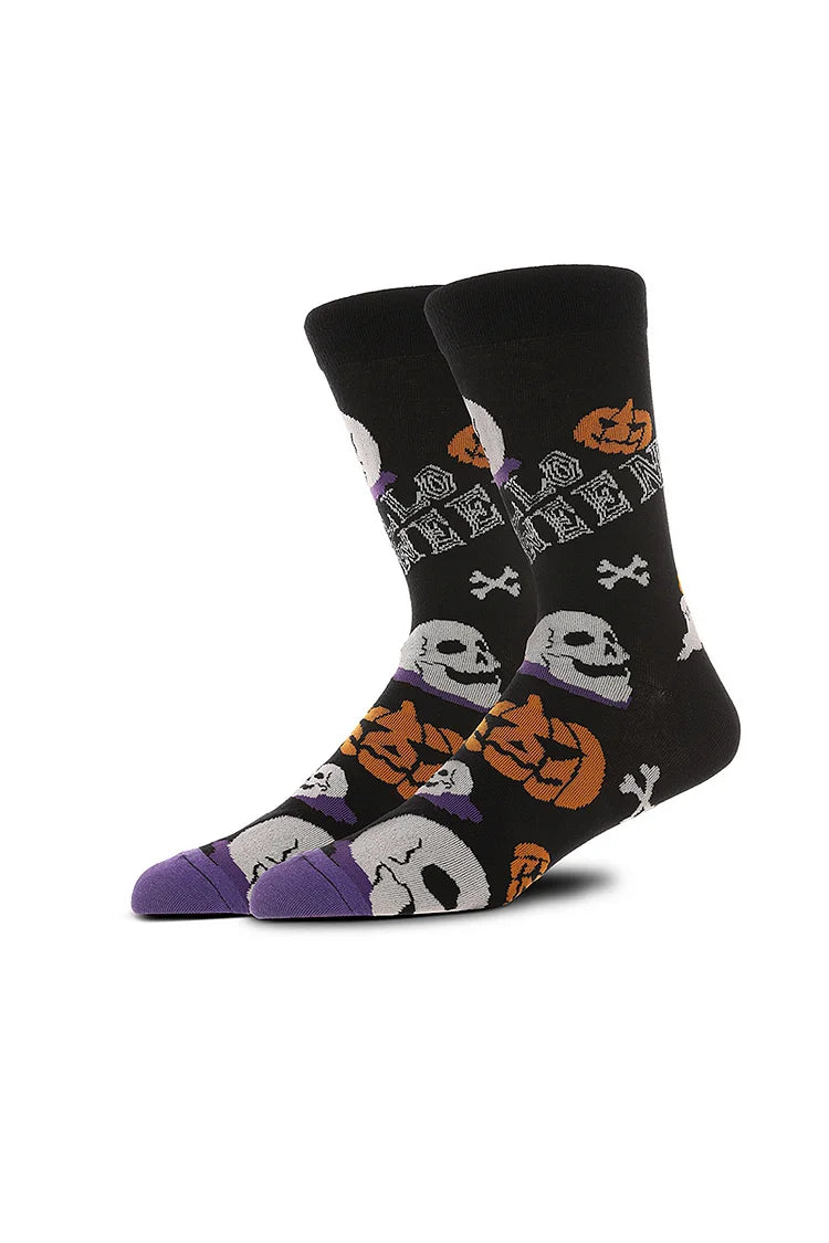 Calcetines de media pantorrilla con estampado de calavera y esqueleto de calabaza para Halloween 