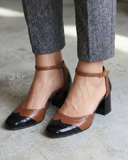 Pointed Toe Two-Tone Brogue Ankle Strap Mary Jane Block Heels