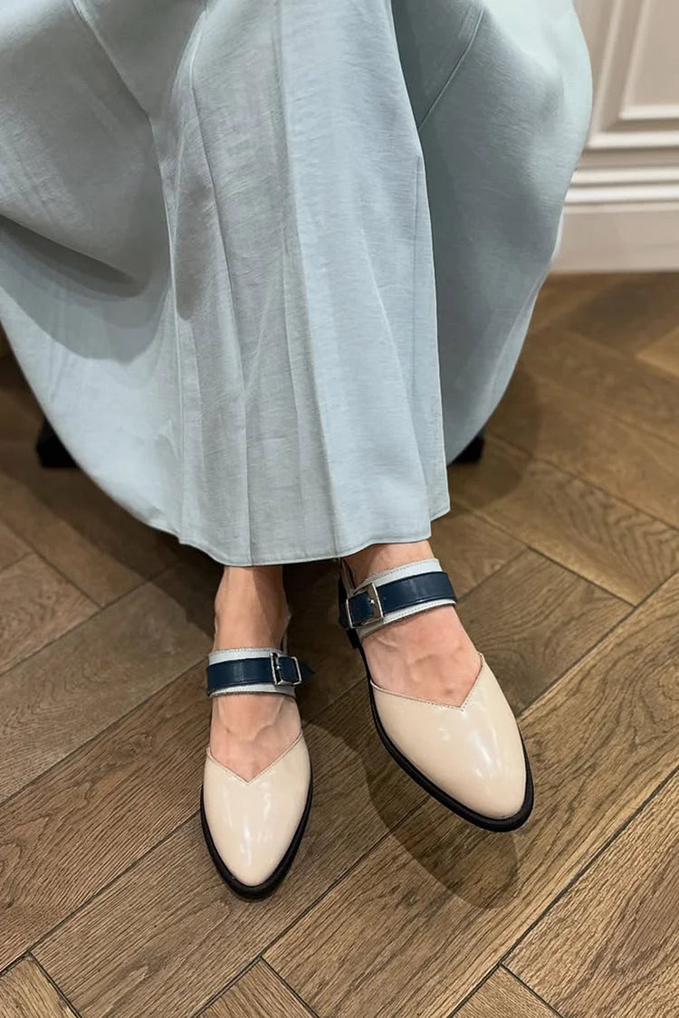 Colorblock Strap Buckle Pointed Toe Slingback Beige Flats [Pre Order]
