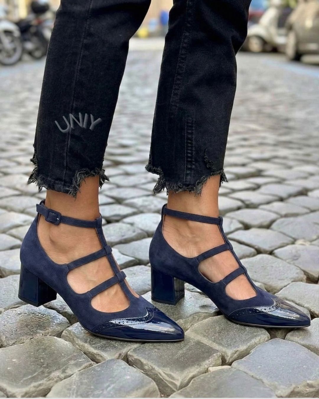 Chic Navy Perforated T-Bar Ankle Strap Block Heels [Pre Order]