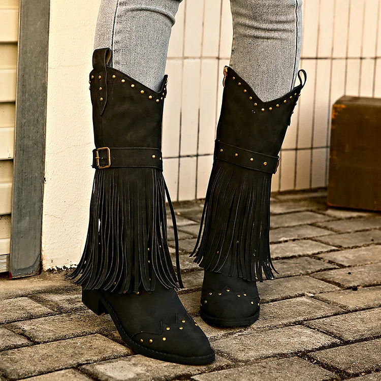 Metal Rivets Fringed Trim Pointed Toe Chunky Heel Mid Calf Boots