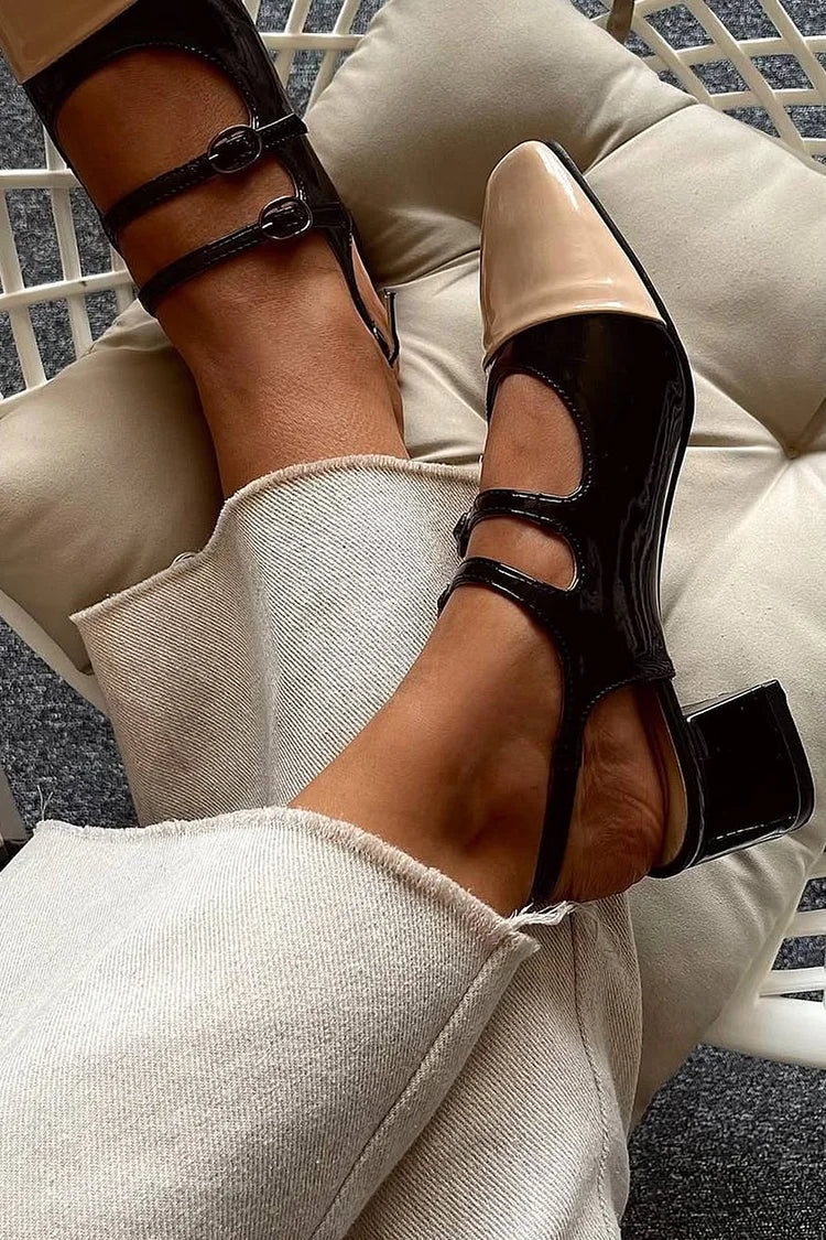 Scarpe con tacco grosso e cinturino posteriore colorblock con punta quadrata [Pre-ordine]
