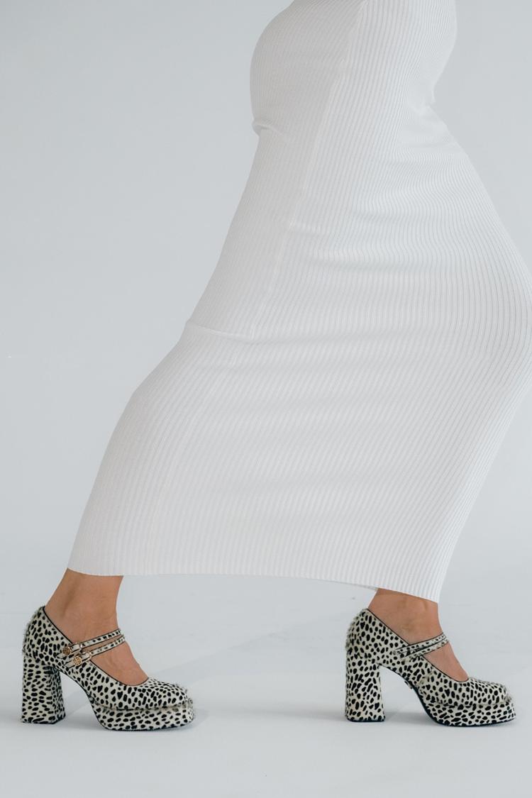 Scarpe con tacco largo, punta quadrata, stampa leopardata, fibbia a due cinturini, bianche [Pre-ordine] 