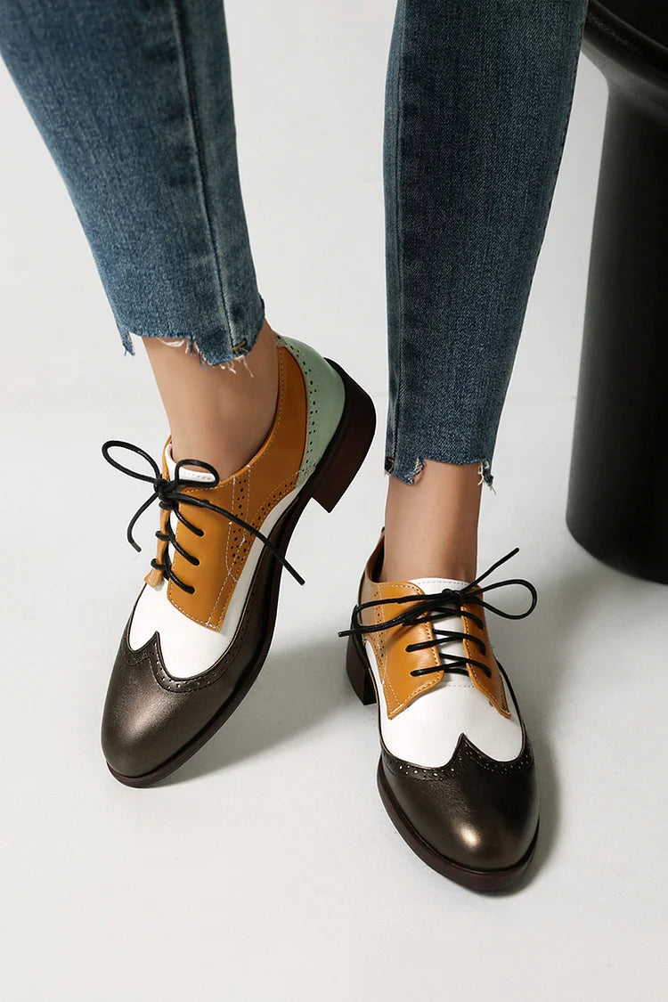 Colorblock Patchwork Round Toe Low Block Heel Lace Up Brogue Oxfords