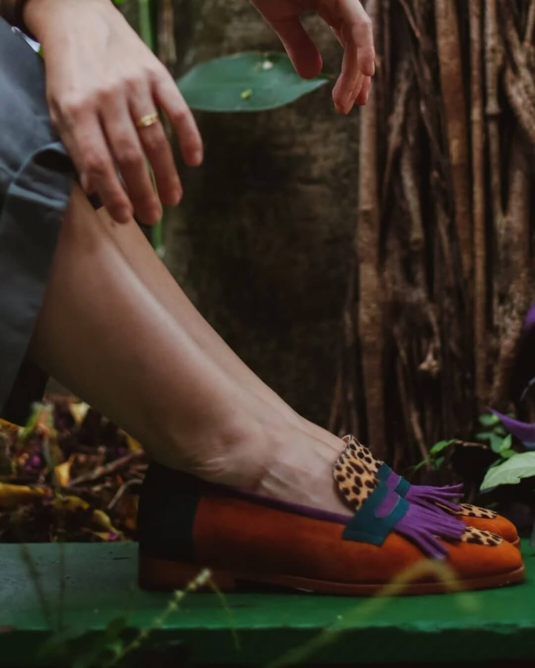 Colorblock Fringe Square Toe Leopard Print Brown Loafers