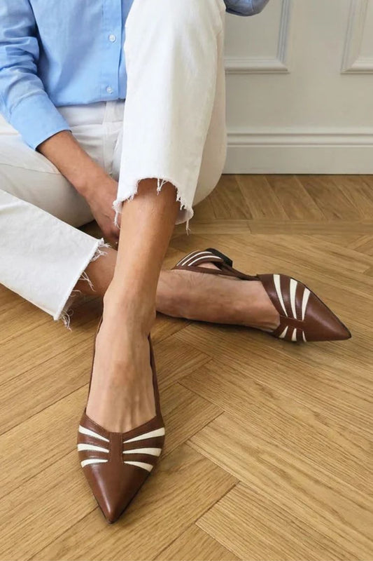 Vintage Brown Contrast Striped Pointed Toe Flats [Pre Order]