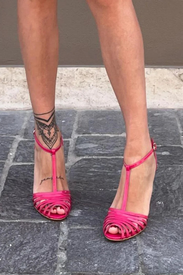 T-Strap Buckle Peep Toe Hollow Out Fuchsia Chunky Heels