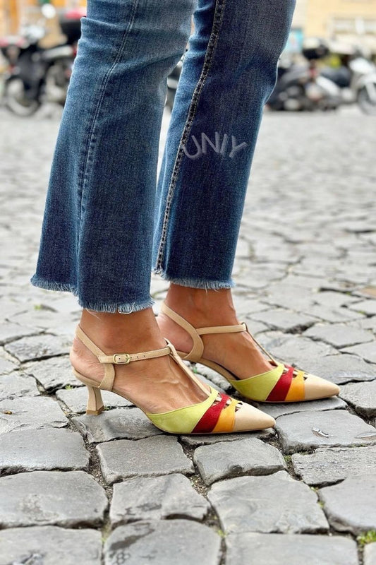 Stylish Color Block Suede Pointed Toe T-Strap Kitten Heel Pumps