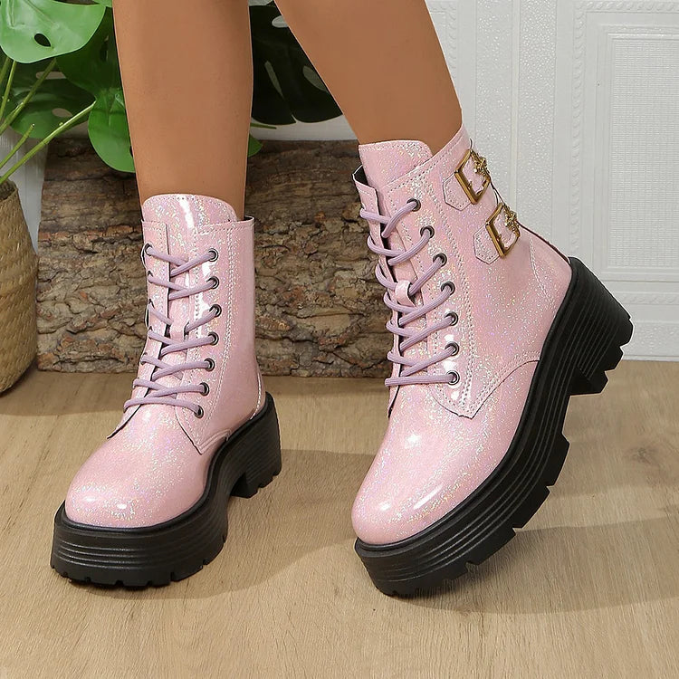 Round Toe Straps Buckles Decor Chunky Heel Lace Up Martin Boots