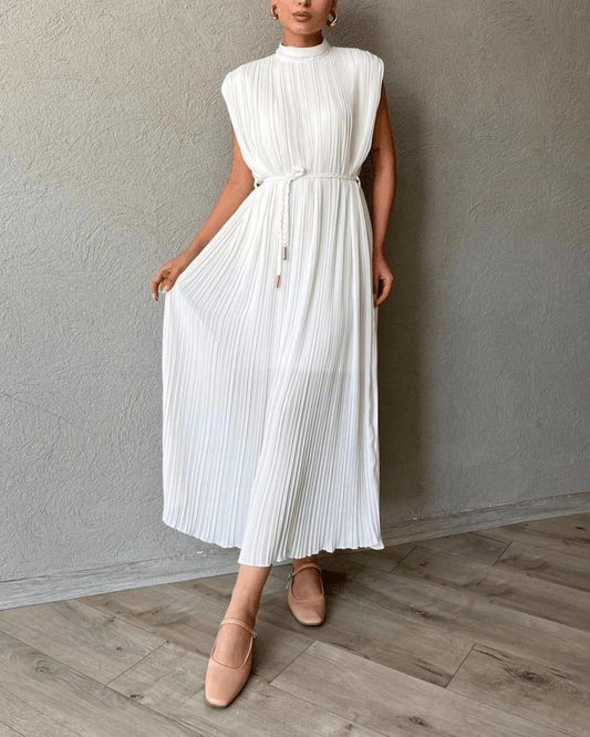 Ecru Pleated High Neck Midi Dress