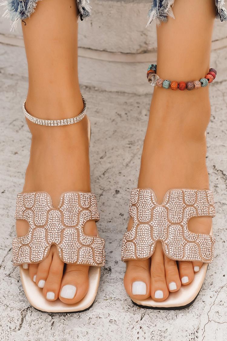 Pantuflas de playa informales con punta cuadrada y decoración de diamantes de imitación recortados 