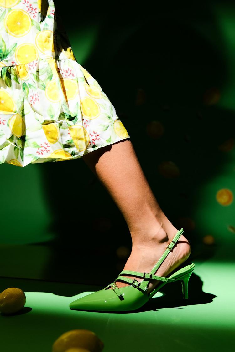 Scarpe con tacco a gattino, punta affilata, cinturino posteriore, fibbie multiple, verdi [Pre-ordine]