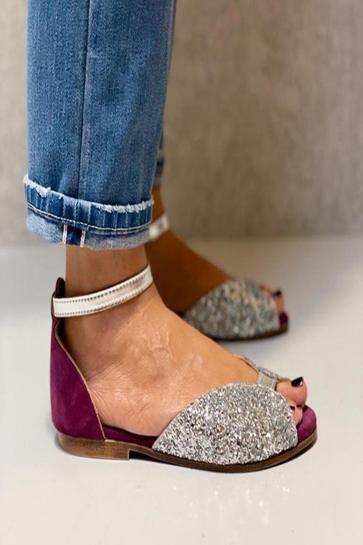 Knöchelriemen Schnalle Peeptoe Glitzer Silber Sandalen