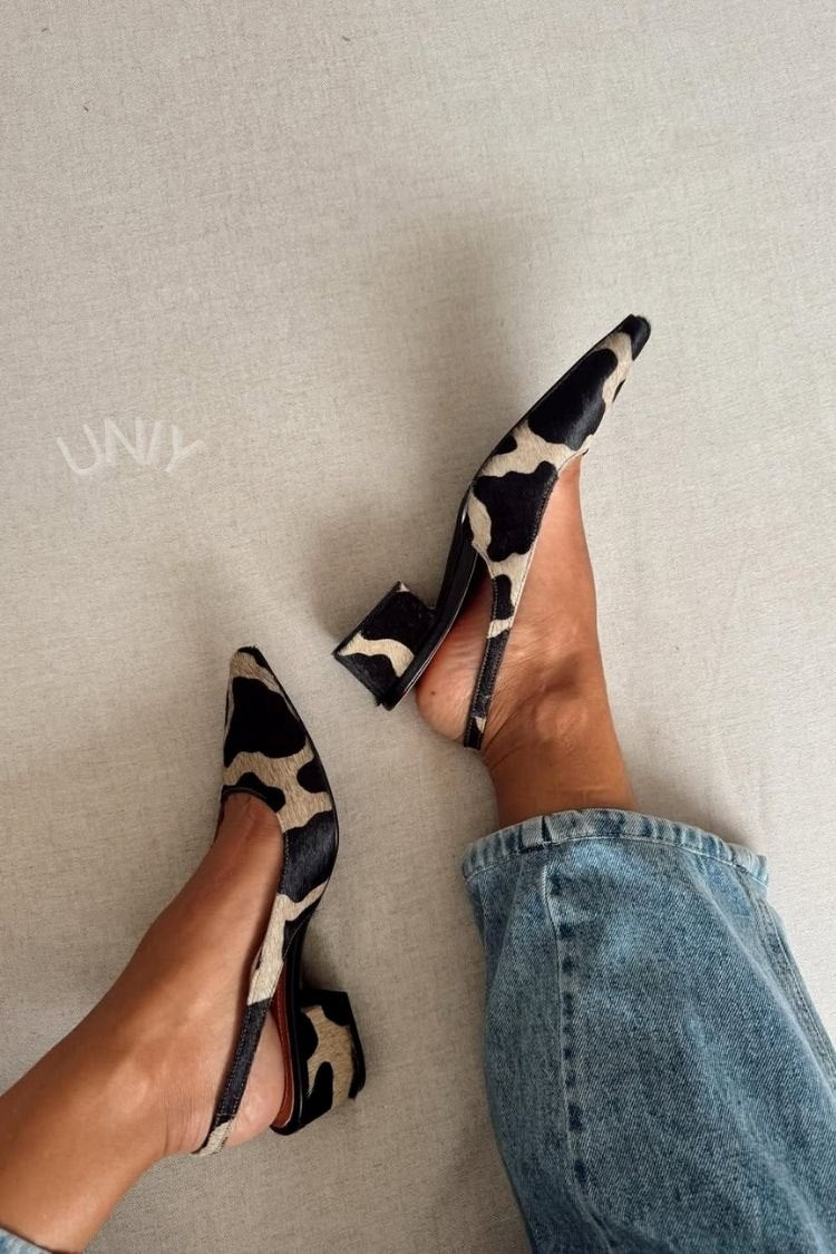 Classic Cow Pattern Pointed Toe Slingback Block Heels