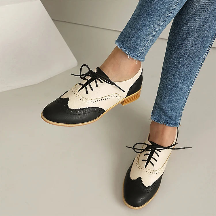 Round Toe Colorblock Patchwork Low Block Heel Lace Up Oxfords