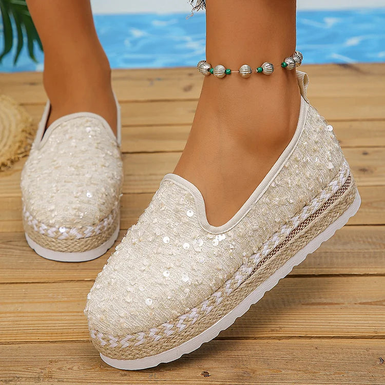 Sequin Woven Espadrille Round Toe Plain Platform Loafers