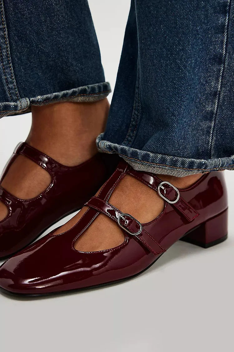 Glossy Hollow Out T-Strap Buckles Burgundy Chunky Heels [Pre Order]