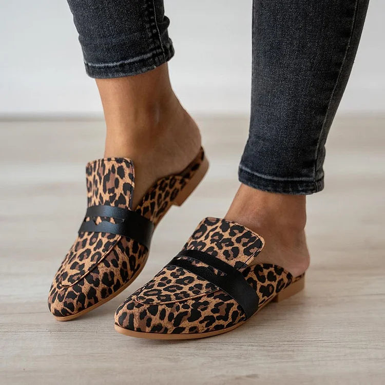 Leopard Print Patchwork Pointed Toe Brown Mules