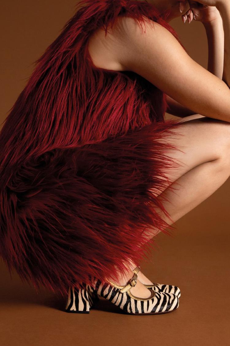 Zebra Print Instep Strap Buckle Round Toe Beige Chunky Heels [Pre Order]